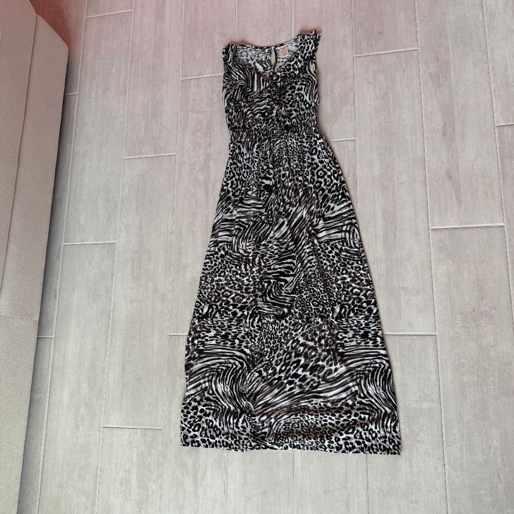 Faded Glory Maxi Dress Sleeveless V Neck Animal Print 4-6 Black White Pullover